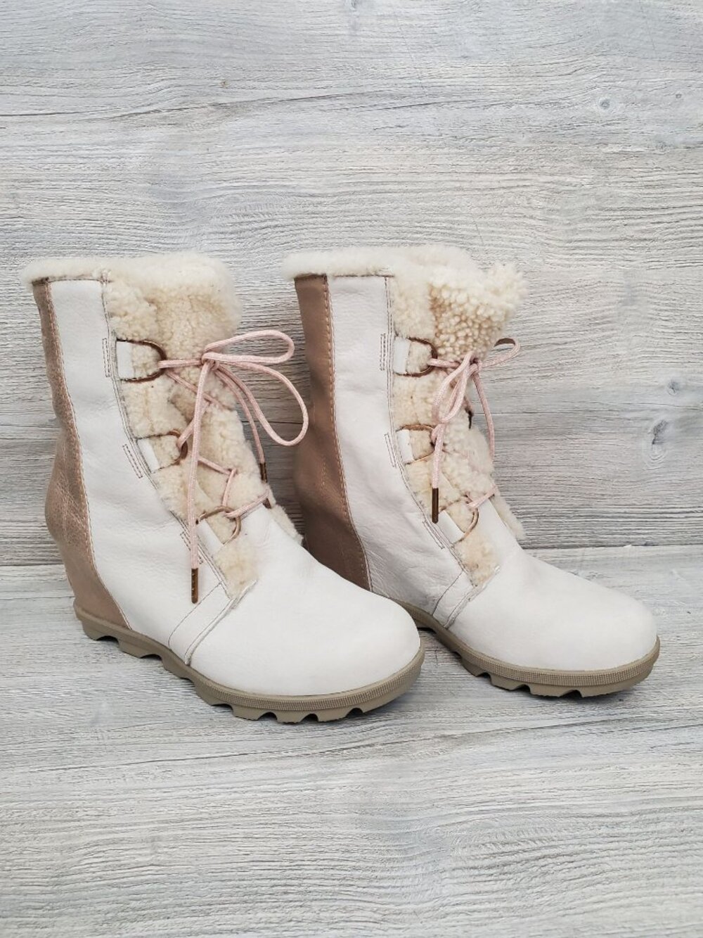 Sorel Joan of Arctic Wedge II Shearling Boot in White/Rose Gold